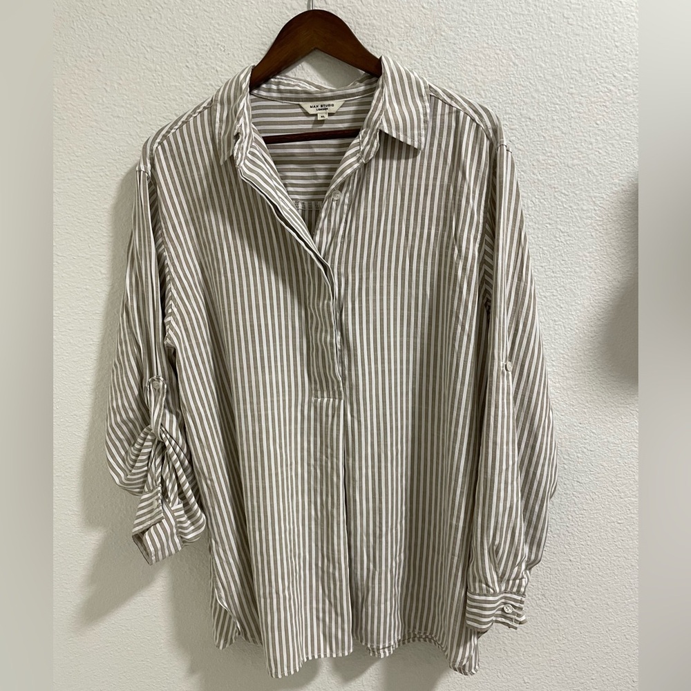 Max Studio London Beige Striped Casual Button-Down Shirt